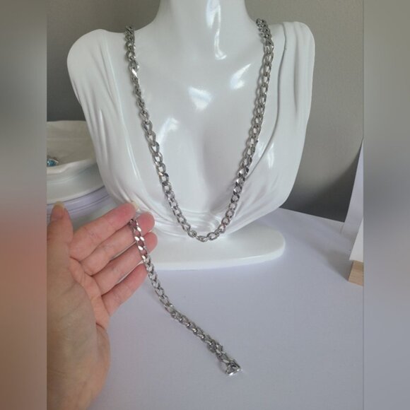 Vintage 14K NKP Silver Tone Men Women Large Chain Link Necklace and Bracelet Set - Picture 4 of 10